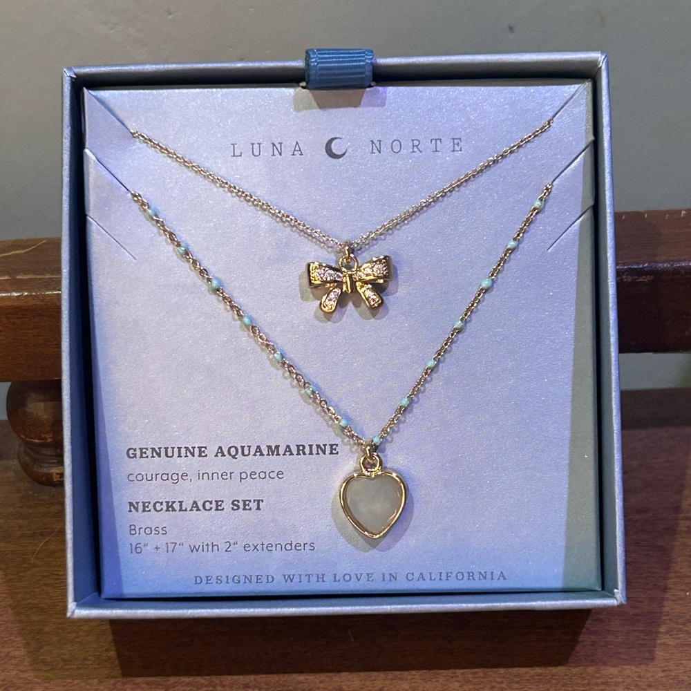 LUNA NORTE Bow And Heart Charm Necklace Set With Genuine Aquamarine NWTS - Picture 3 of 12